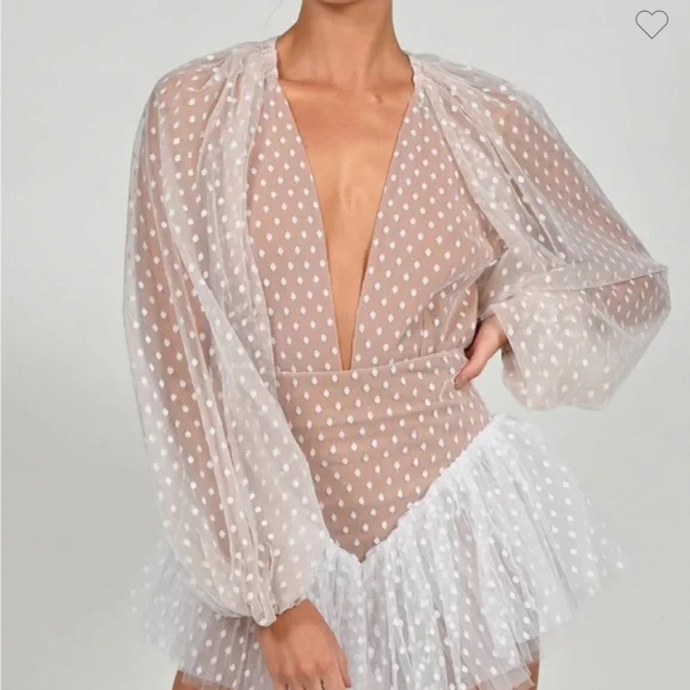 NWT The Dolls House Polka Dot Sheer Sleeve Bodysuit - Tan and White